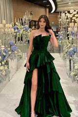 Charming Strapless Long Split Prom Dress with Pleated Details