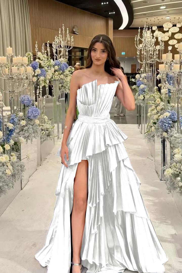 Charming Strapless Long Split Prom Dress with Pleated Details