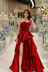Charming Strapless Long Split Prom Dress with Pleated Details