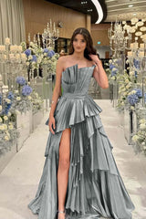 Charming Strapless Long Split Prom Dress with Pleated Details