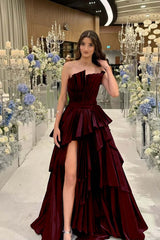Charming Strapless Long Split Prom Dress with Pleated Details