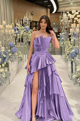 Charming Strapless Long Split Prom Dress with Pleated Details