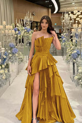 Charming Strapless Long Split Prom Dress with Pleated Details