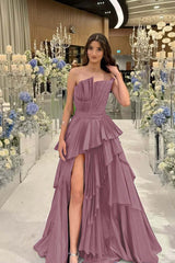 Charming Strapless Long Split Prom Dress with Pleated Details