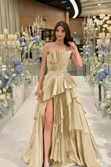 Charming Strapless Long Split Prom Dress with Pleated Details
