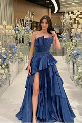 Charming Strapless Long Split Prom Dress with Pleated Details