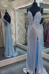 V Neck Spaghetti Strap Prom Dress with Split Appliques
