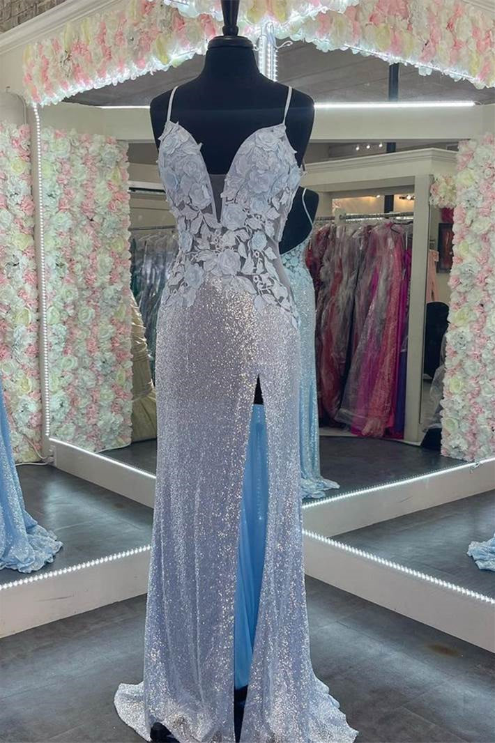 V Neck Spaghetti Strap Prom Dress with Split Appliques