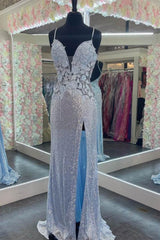 V Neck Spaghetti Strap Prom Dress with Split Appliques