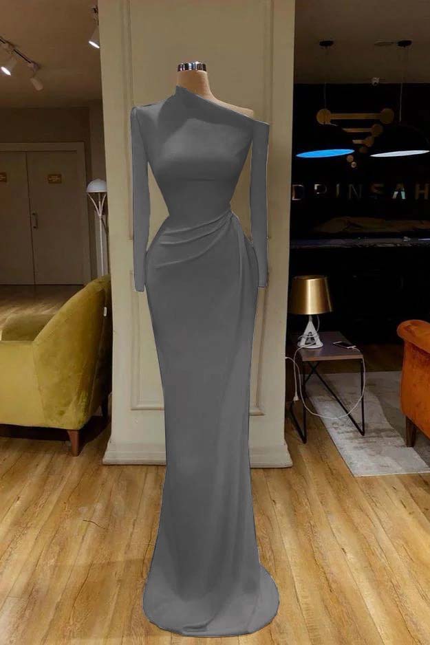 Charming One Shoulder Long Sleeve Mermaid Prom Dress with Pleats