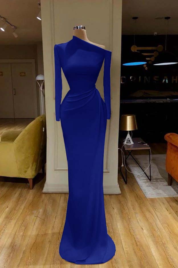 Charming One Shoulder Long Sleeve Mermaid Prom Dress with Pleats