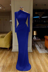 Charming One Shoulder Long Sleeve Mermaid Prom Dress with Pleats