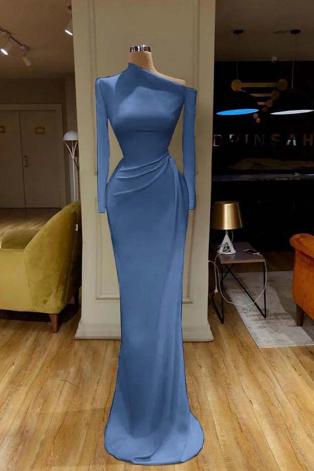 Charming One Shoulder Long Sleeve Mermaid Prom Dress with Pleats