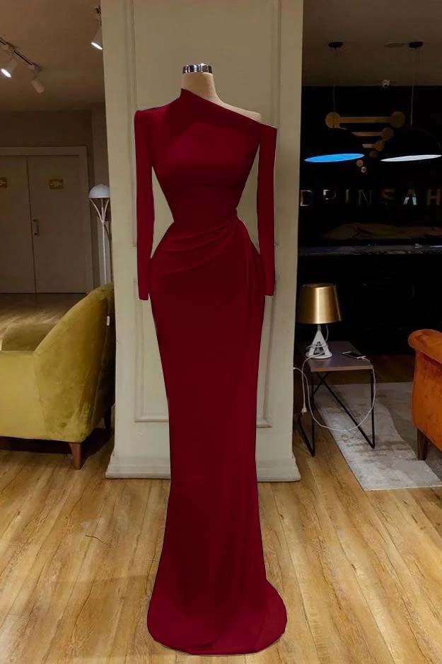 Charming One Shoulder Long Sleeve Mermaid Prom Dress with Pleats
