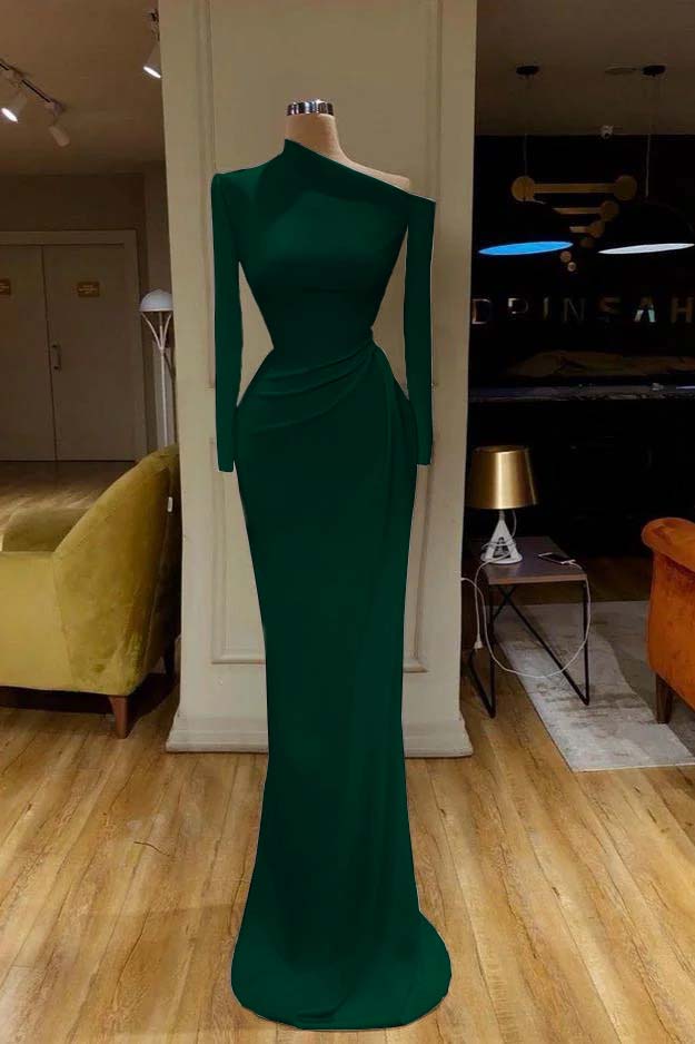 Charming One Shoulder Long Sleeve Mermaid Prom Dress with Pleats