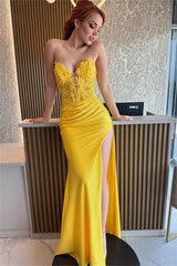 Charming Yellow Strapless Long Prom Dress with Split, Pleated and Embroidery