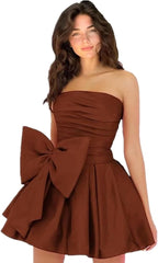 Chic A-line Sleeveless Strapless Ruched Lace Up Short Homecoming Dresses with Bow