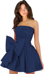 Chic A-line Sleeveless Strapless Ruched Lace Up Short Homecoming Dresses with Bow