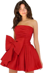 Chic A-line Sleeveless Strapless Ruched Lace Up Short Homecoming Dresses with Bow