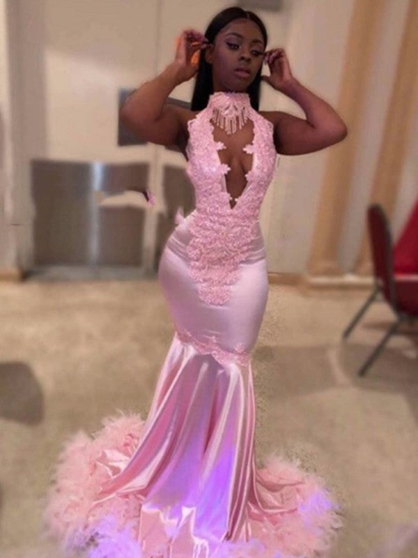 Chic Pink Mermaid Floor Length Prom Dress with Appliques