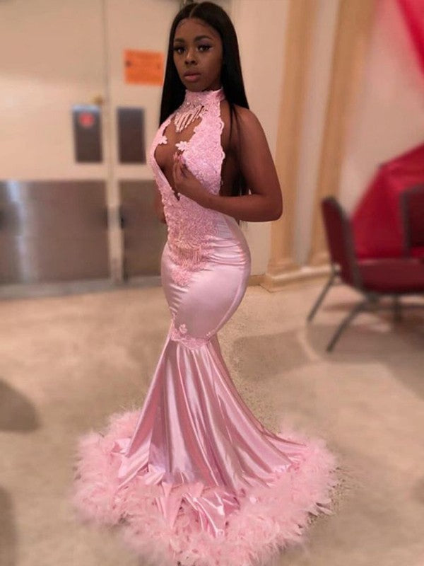 Chic Pink Mermaid Floor Length Prom Dress with Appliques
