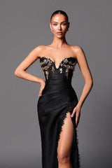 Chic Black Strapless Mermaid Long Prom Dress with Beading and Split