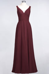 Chic Chiffon V-Neck Straps Ruffle Affordable Bridesmaid Dresses with Open Back-Babyonlines