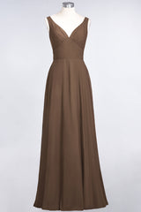 Chic Chiffon V-Neck Straps Ruffle Affordable Bridesmaid Dresses with Open Back-Babyonlines