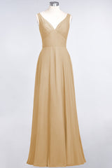 Chic Chiffon V-Neck Straps Ruffle Affordable Bridesmaid Dresses with Open Back-Babyonlines