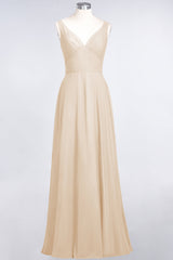 Chic Chiffon V-Neck Straps Ruffle Affordable Bridesmaid Dresses with Open Back-Babyonlines