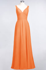 Chic Chiffon V-Neck Straps Ruffle Affordable Bridesmaid Dresses with Open Back-Babyonlines