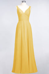 Chic Chiffon V-Neck Straps Ruffle Affordable Bridesmaid Dresses with Open Back-Babyonlines
