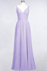Chic Chiffon V-Neck Straps Ruffle Affordable Bridesmaid Dresses with Open Back-Babyonlines