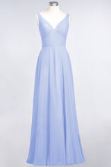 Chic Chiffon V-Neck Straps Ruffle Affordable Bridesmaid Dresses with Open Back-Babyonlines