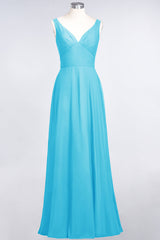Chic Chiffon V-Neck Straps Ruffle Affordable Bridesmaid Dresses with Open Back-Babyonlines