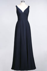 Chic Chiffon V-Neck Straps Ruffle Affordable Bridesmaid Dresses with Open Back-Babyonlines