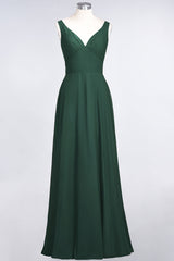 Chic Chiffon V-Neck Straps Ruffle Affordable Bridesmaid Dresses with Open Back-Babyonlines