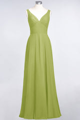 Chic Chiffon V-Neck Straps Ruffle Affordable Bridesmaid Dresses with Open Back-Babyonlines
