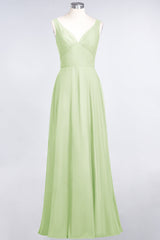 Chic Chiffon V-Neck Straps Ruffle Affordable Bridesmaid Dresses with Open Back-Babyonlines