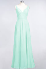 Chic Chiffon V-Neck Straps Ruffle Affordable Bridesmaid Dresses with Open Back-Babyonlines