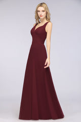 Chic Chiffon V-Neck Straps Ruffle Affordable Bridesmaid Dresses with Open Back-Babyonlines