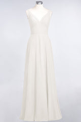Chic Chiffon V-Neck Straps Ruffle Affordable Bridesmaid Dresses with Open Back-Babyonlines