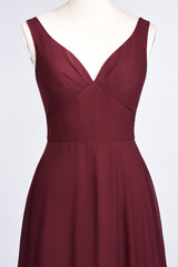 Chic Chiffon V-Neck Straps Ruffle Affordable Bridesmaid Dresses with Open Back-Babyonlines