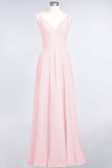 Chic Chiffon V-Neck Straps Ruffle Affordable Bridesmaid Dresses with Open Back-Babyonlines