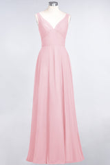 Chic Chiffon V-Neck Straps Ruffle Affordable Bridesmaid Dresses with Open Back-Babyonlines