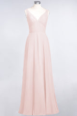 Chic Chiffon V-Neck Straps Ruffle Affordable Bridesmaid Dresses with Open Back-Babyonlines