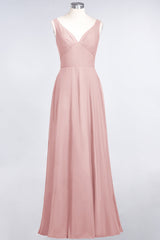Chic Chiffon V-Neck Straps Ruffle Affordable Bridesmaid Dresses with Open Back-Babyonlines