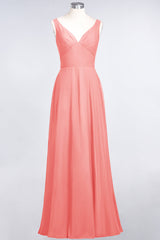 Chic Chiffon V-Neck Straps Ruffle Affordable Bridesmaid Dresses with Open Back-Babyonlines