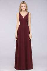 Chic Chiffon V-Neck Straps Ruffle Affordable Bridesmaid Dresses with Open Back-Babyonlines