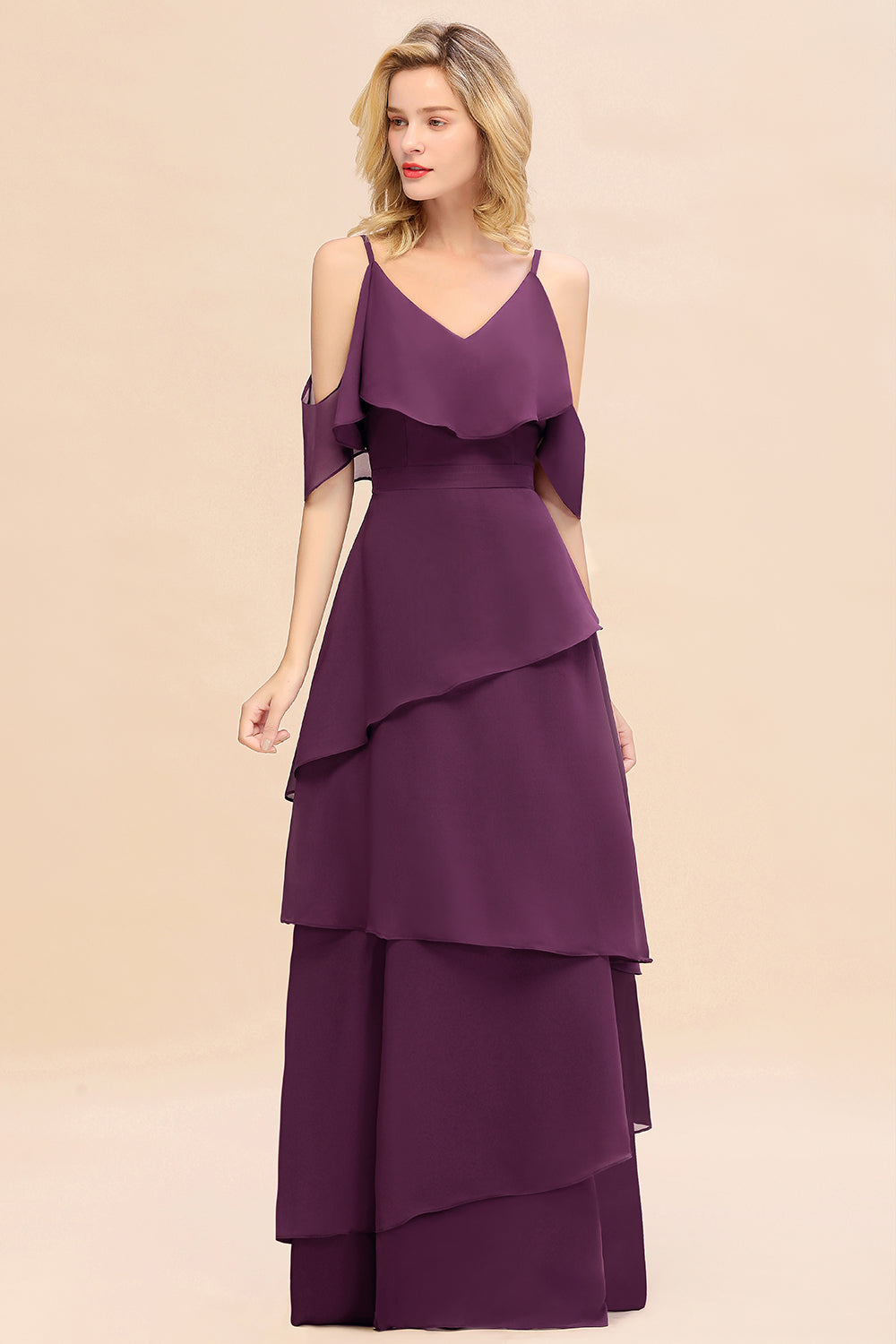 Chic Cold-Shoulder Layers Grape Chiffon Bridesmaid Dress Affordable-Babyonlines